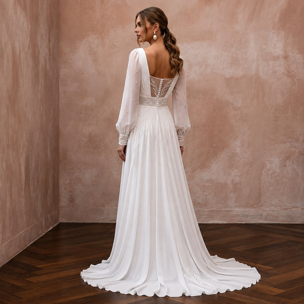 Vintage Chiffon A-Line Wedding Dress with Long Sleeves