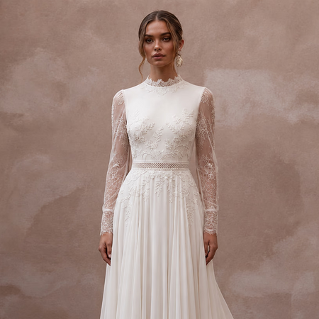 Vintage Chiffon Wedding Dress with Long Sleeves and A-Line Silhouette