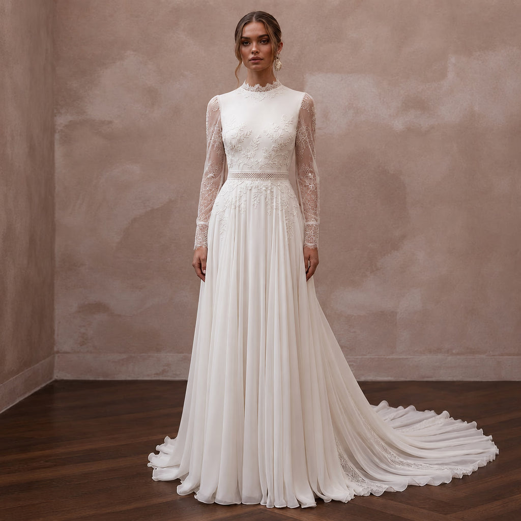 Vintage Chiffon Wedding Dress with Long Sleeves and A-Line Silhouette