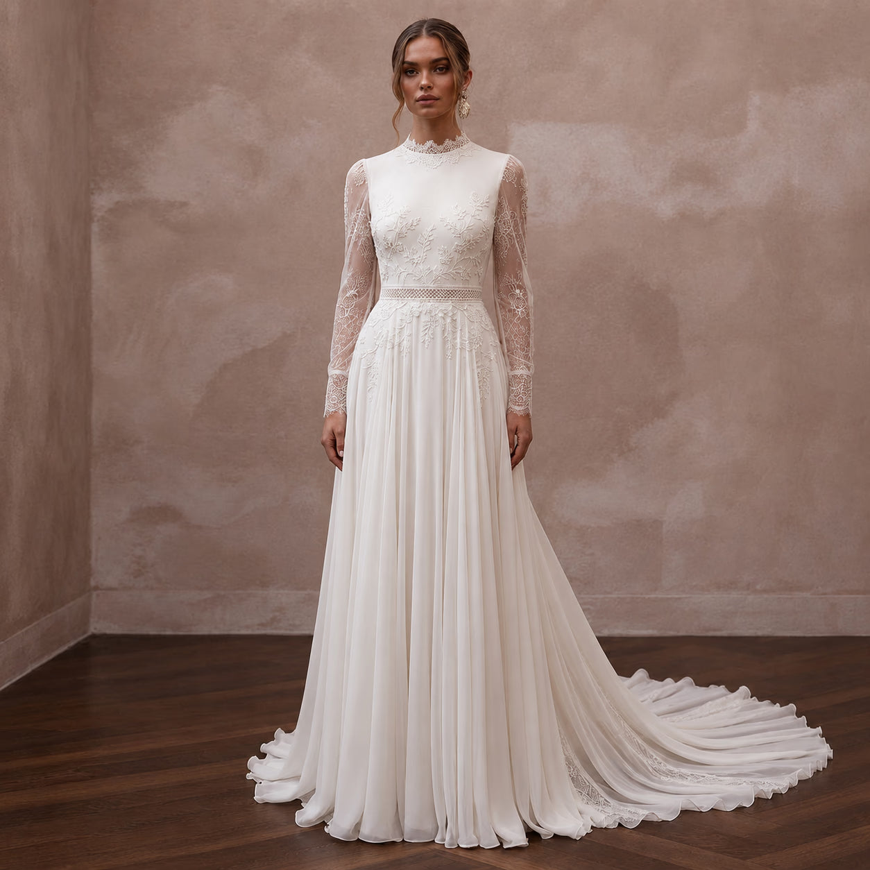 Vintage Chiffon Wedding Dress with Long Sleeves and A-Line Silhouette