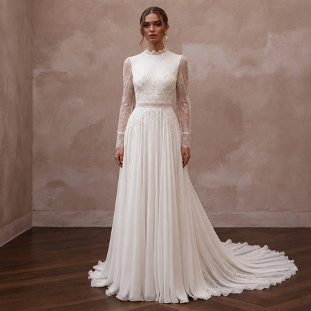 Vintage Chiffon Wedding Dress with Long Sleeves and A-Line Silhouette