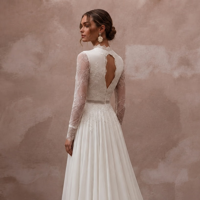 Vintage Chiffon Wedding Dress with Long Sleeves and A-Line Silhouette