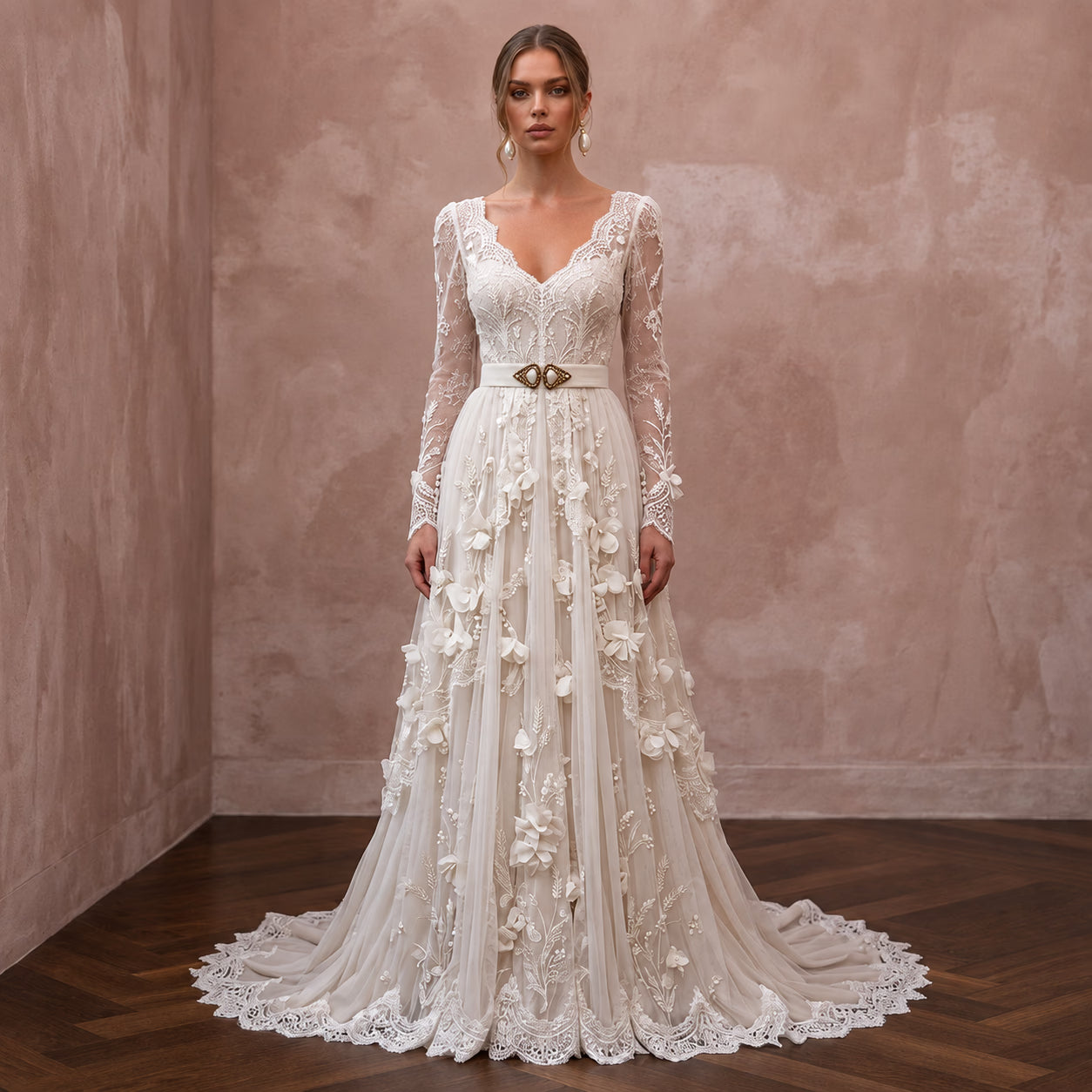 Vintage Country Bridal Dress with Long Sleeves for a Barn Wedding Main image