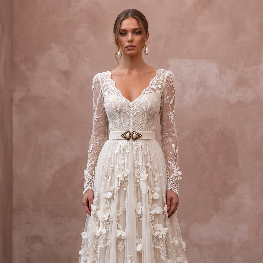 Vintage Country Bridal Dress with Long Sleeves for a Barn Wedding