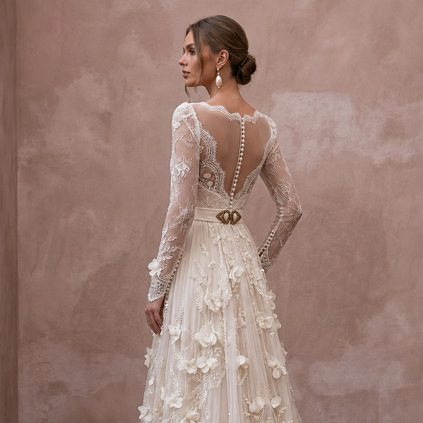 Vintage Country Bridal Dress with Long Sleeves for a Barn Wedding