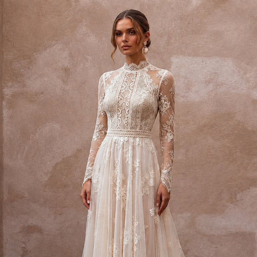 Vintage Country Wedding Dress with High Neck and Lace Sleeves - Apparel & Accessories > Clothing > Wedding & Bridal Party Dresses > Wedding Dresses - Mignonette Bridal