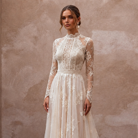 Vintage Country Wedding Dress with High Neck and Lace Sleeves