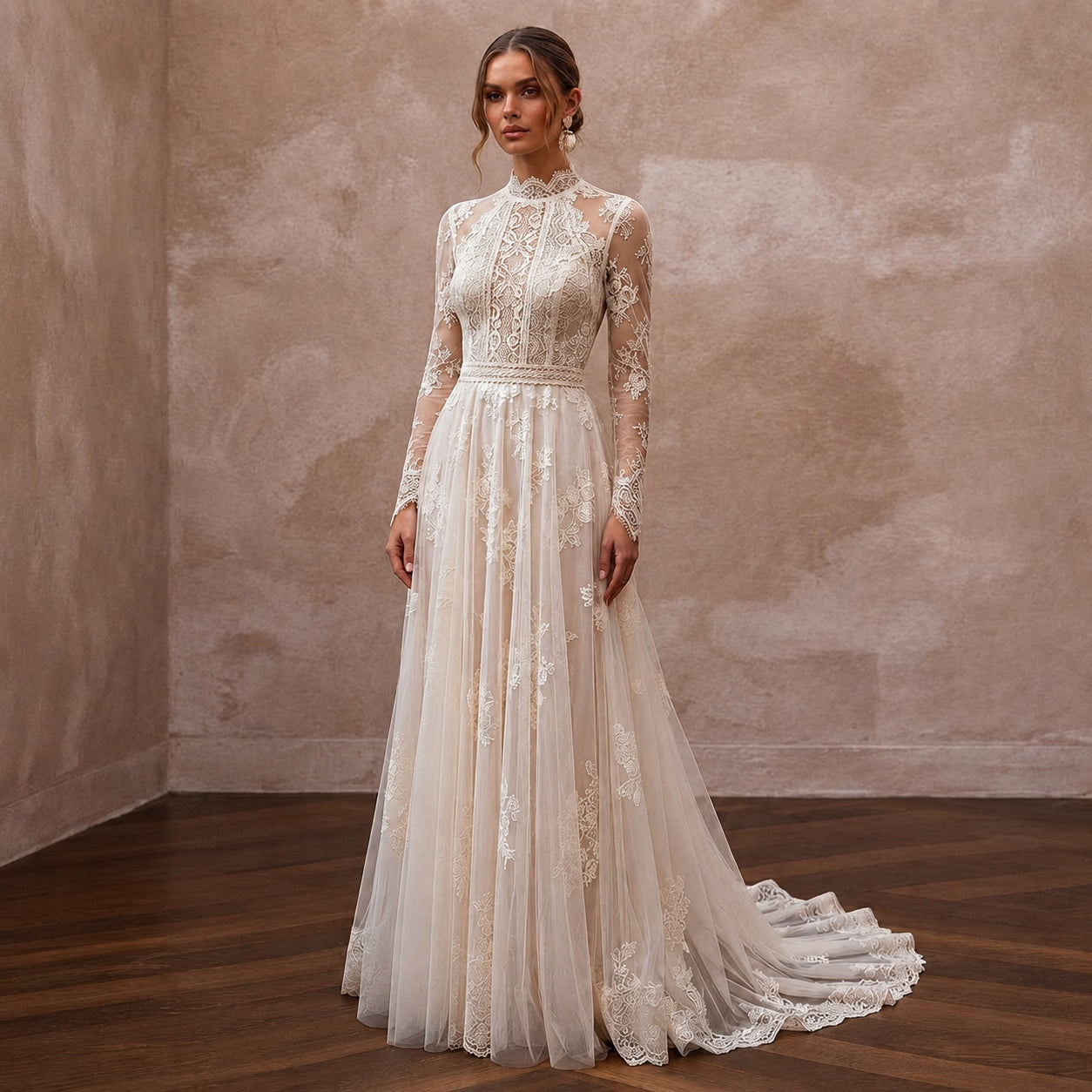 Vintage Country Wedding Dress with High Neck and Lace Sleeves - Apparel & Accessories > Clothing > Wedding & Bridal Party Dresses > Wedding Dresses - Mignonette Bridal