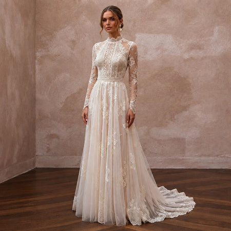 Vintage Country Wedding Dress with High Neck and Lace Sleeves - Apparel & Accessories > Clothing > Wedding & Bridal Party Dresses > Wedding Dresses - Mignonette Bridal