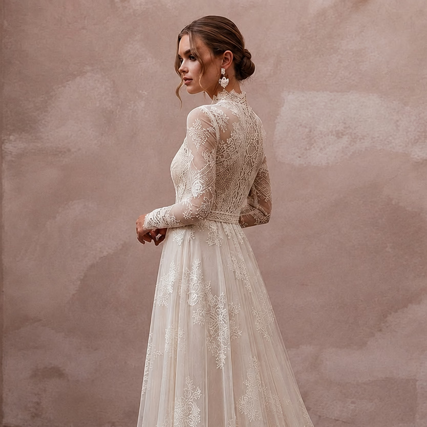 Vintage Country Wedding Dress with High Neck and Lace Sleeves - Apparel & Accessories > Clothing > Wedding & Bridal Party Dresses > Wedding Dresses - Mignonette Bridal