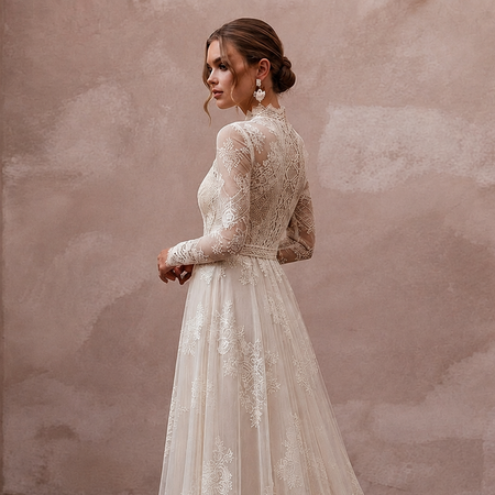 Vintage Country Wedding Dress with High Neck and Lace Sleeves