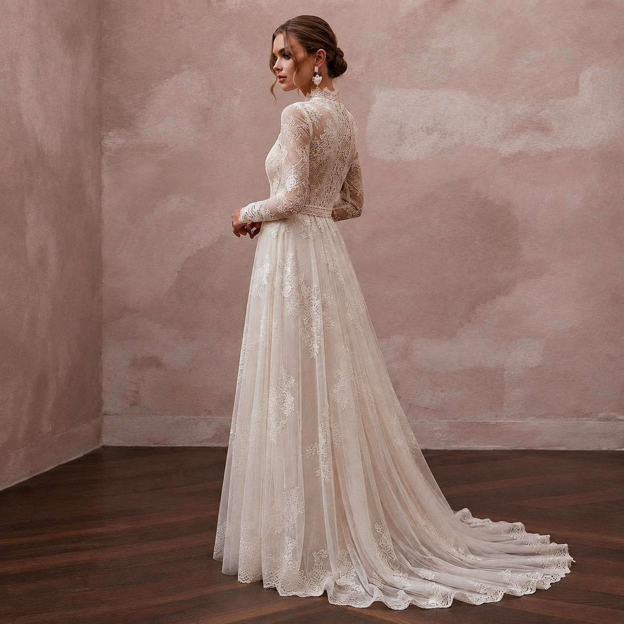 Vintage Country Wedding Dress with High Neck and Lace Sleeves Secondary image