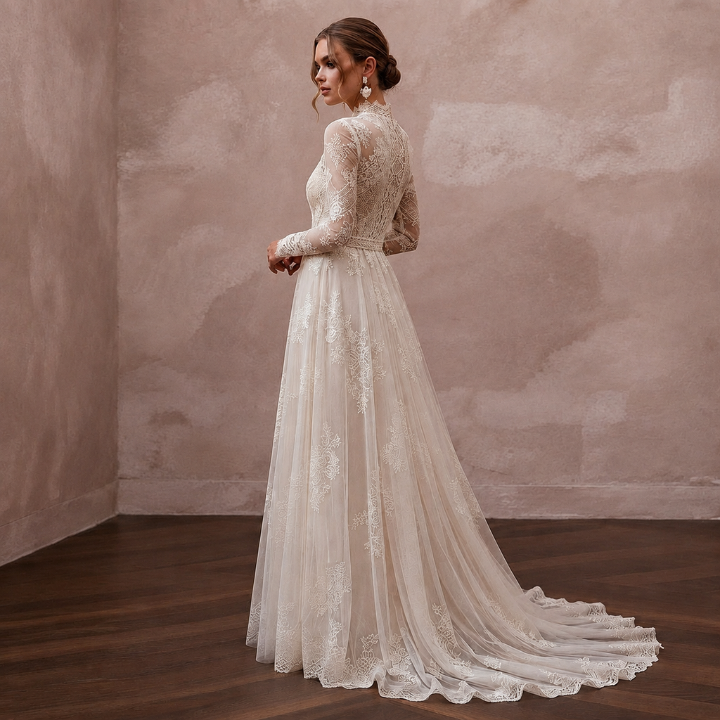Vintage Country Wedding Dress with High Neck and Lace Sleeves