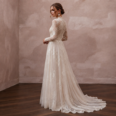 Vintage Country Wedding Dress with High Neck and Lace Sleeves