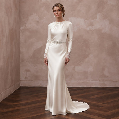 Vintage Cream Charmeuse Bias Cut Long Sleeve 1930s Wedding Dress