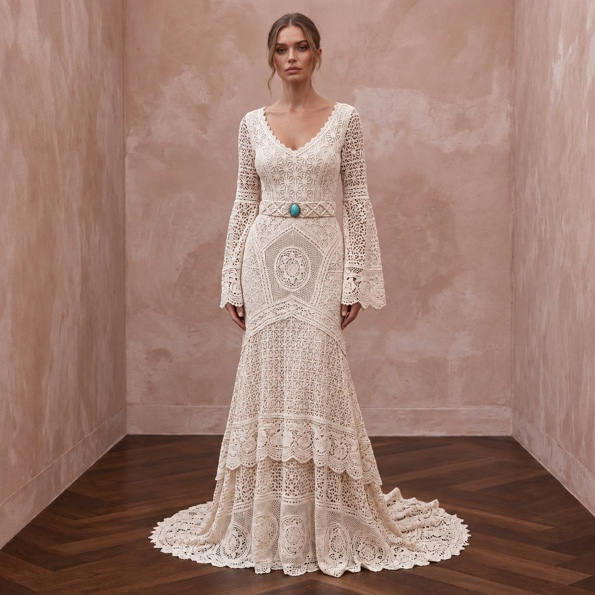 Vintage Cream Crochet Lace Bell Sleeve Boho Dress for Desert Wedding - Apparel & Accessories > Clothing > Wedding & Bridal Party Dresses > Wedding Dresses - Mignonette Bridal Main image