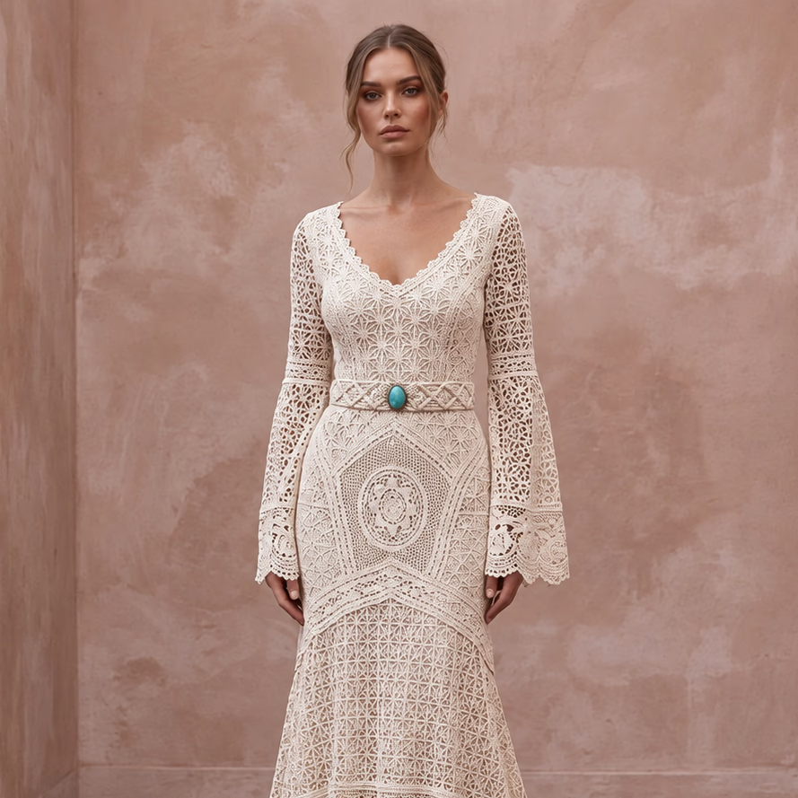 Vintage Cream Crochet Lace Bell Sleeve Boho Dress for Desert Wedding
