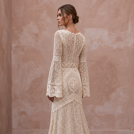 Vintage Cream Crochet Lace Bell Sleeve Boho Dress for Desert Wedding