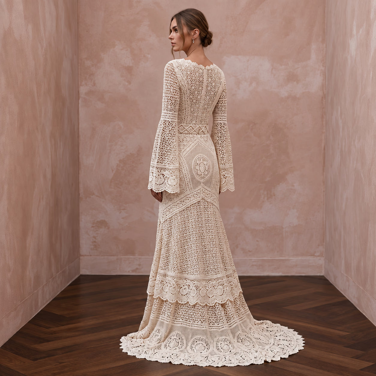 Vintage Cream Crochet Lace Bell Sleeve Boho Dress for Desert Wedding Secondary image