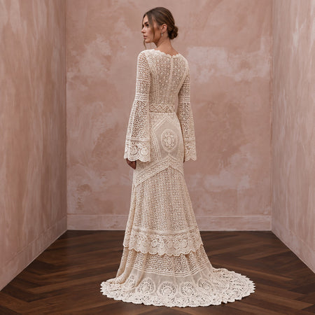 Vintage Cream Crochet Lace Bell Sleeve Boho Dress for Desert Wedding