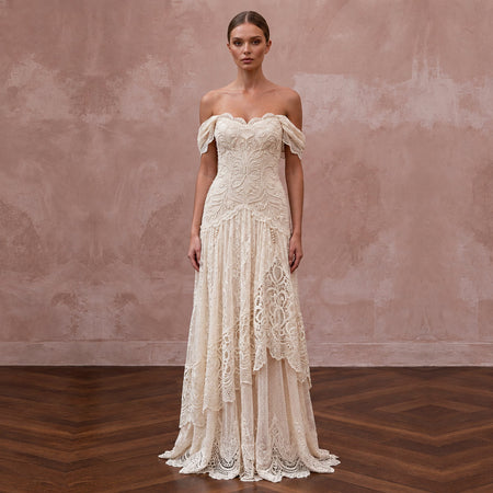 Vintage Cream French Lace Off-the-Shoulder Bohemian Maxi Gown