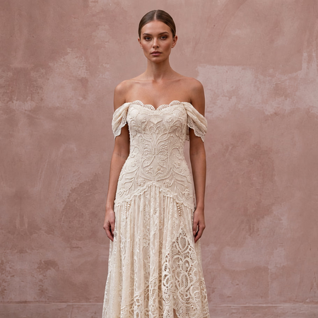 Vintage Cream French Lace Off-the-Shoulder Bohemian Maxi Gown
