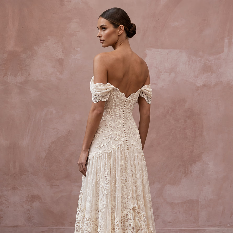 Vintage Cream French Lace Off-the-Shoulder Bohemian Maxi Gown