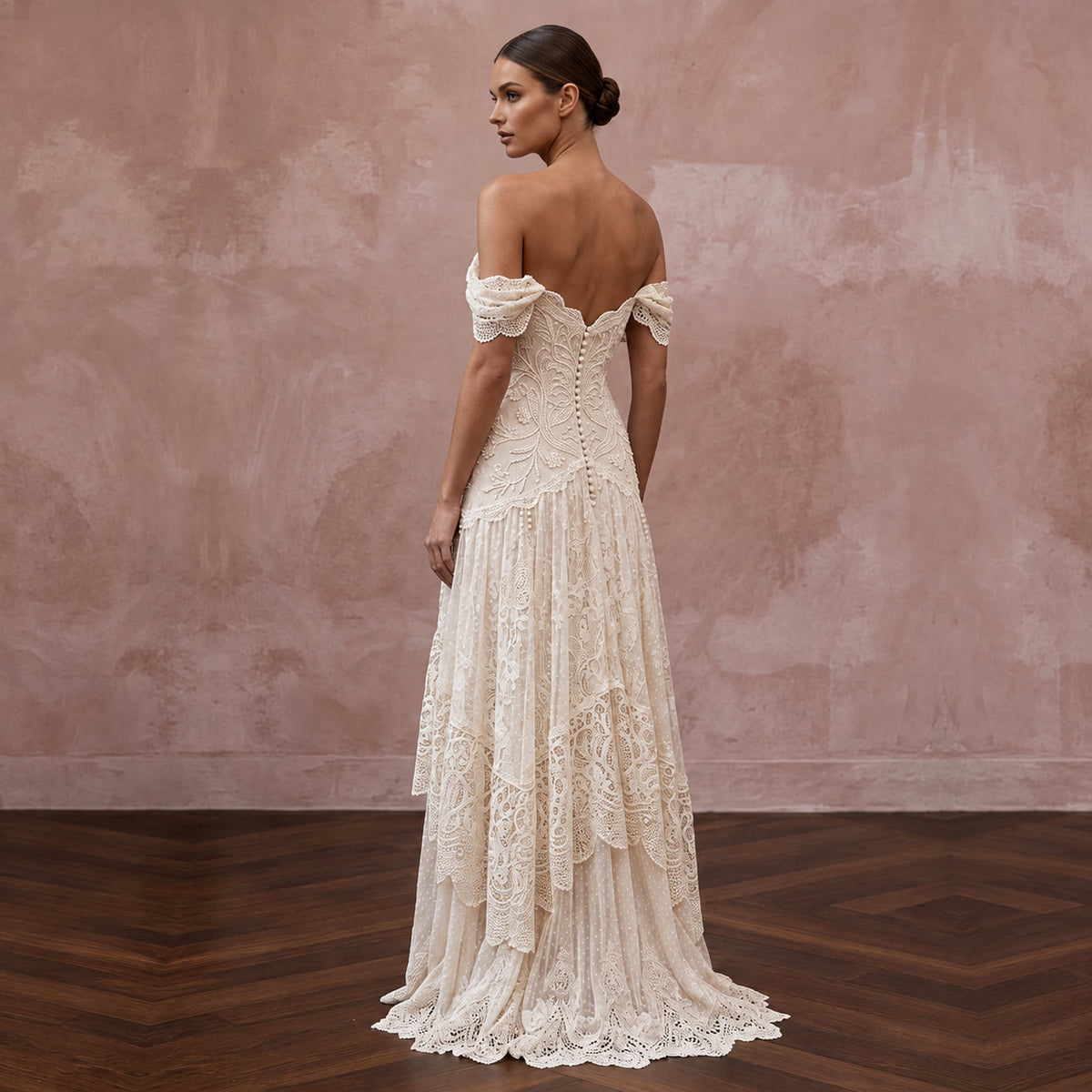 Vintage Cream French Lace Off-the-Shoulder Bohemian Maxi Gown