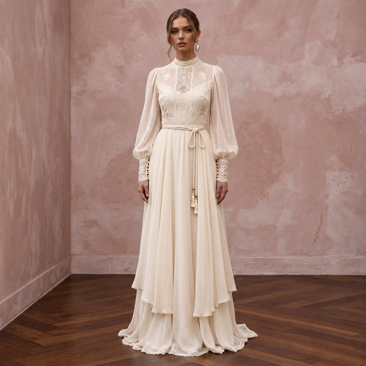 Vintage Cream Silk Chiffon Bishop Sleeve Boho Maxi Gown - Apparel & Accessories > Clothing > Wedding & Bridal Party Dresses > Wedding Dresses - Mignonette Bridal Main image