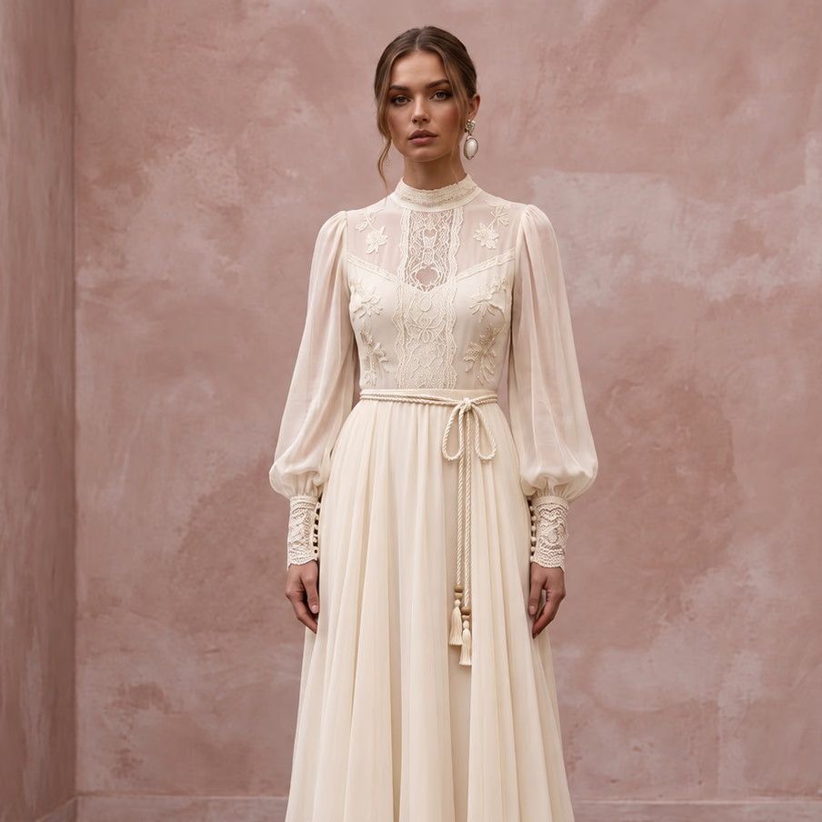 Vintage Cream Silk Chiffon Bishop Sleeve Boho Maxi Gown