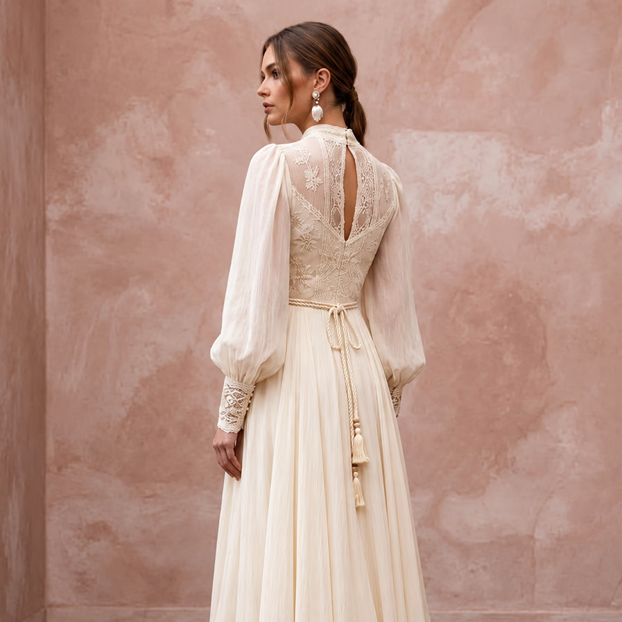 Vintage Cream Silk Chiffon Bishop Sleeve Boho Maxi Gown