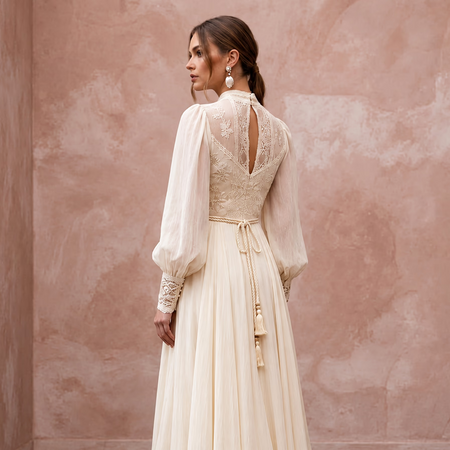Vintage Cream Silk Chiffon Bishop Sleeve Boho Maxi Gown