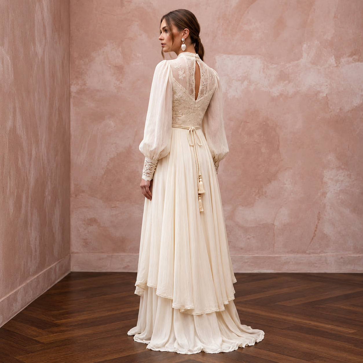 Vintage Cream Silk Chiffon Bishop Sleeve Boho Maxi Gown Secondary image