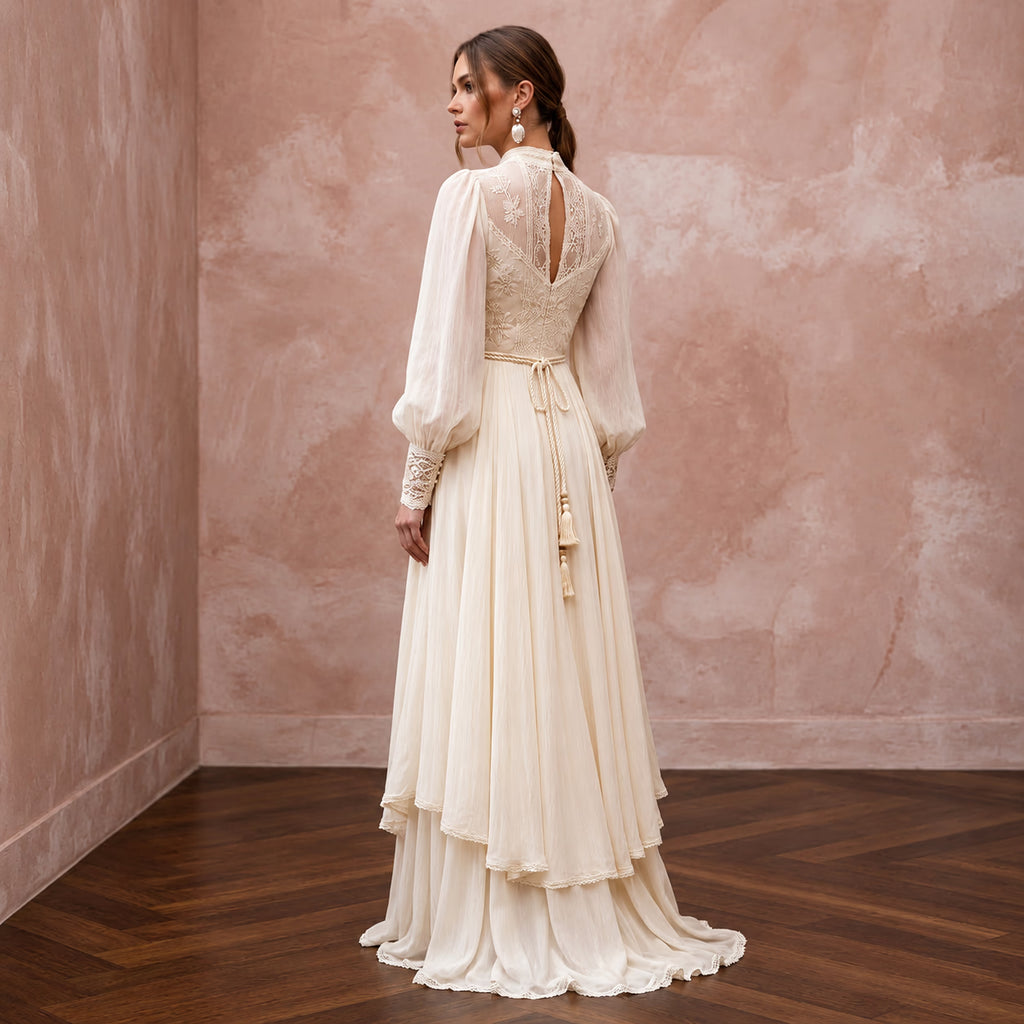 Vintage Cream Silk Chiffon Bishop Sleeve Boho Maxi Gown