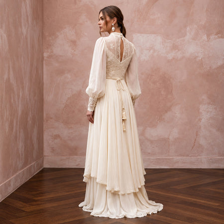 Vintage Cream Silk Chiffon Bishop Sleeve Boho Maxi Gown