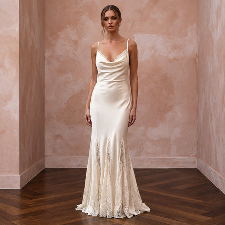 Vintage Cream Silk Satin Bias Cut Slip Dress with Lace Godets - Apparel & Accessories > Clothing > Wedding & Bridal Party Dresses > Wedding Dresses - Mignonette Bridal