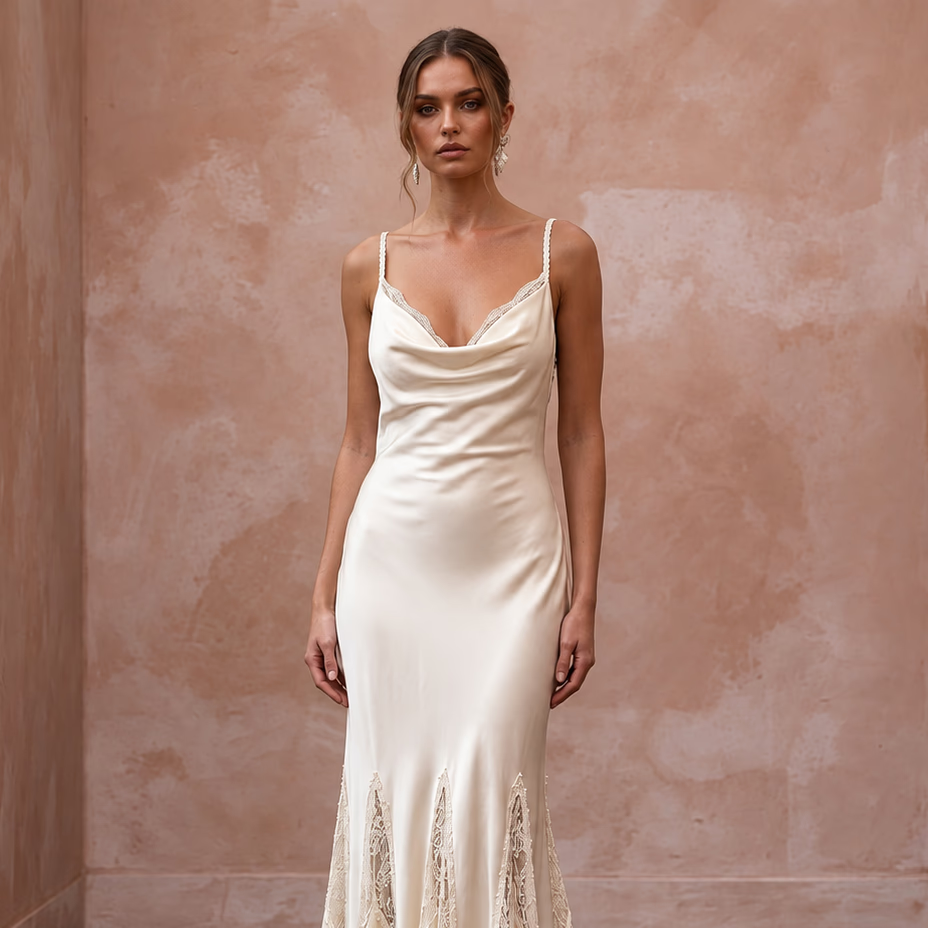 Vintage Cream Silk Satin Bias Cut Slip Dress with Lace Godets - Apparel & Accessories > Clothing > Wedding & Bridal Party Dresses > Wedding Dresses - Mignonette Bridal