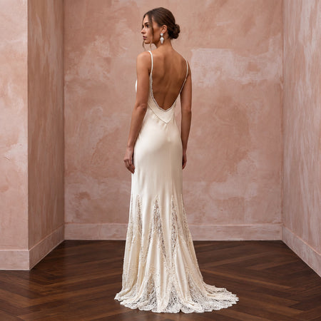 Vintage Cream Silk Satin Bias Cut Slip Dress with Lace Godets - Apparel & Accessories > Clothing > Wedding & Bridal Party Dresses > Wedding Dresses - Mignonette Bridal