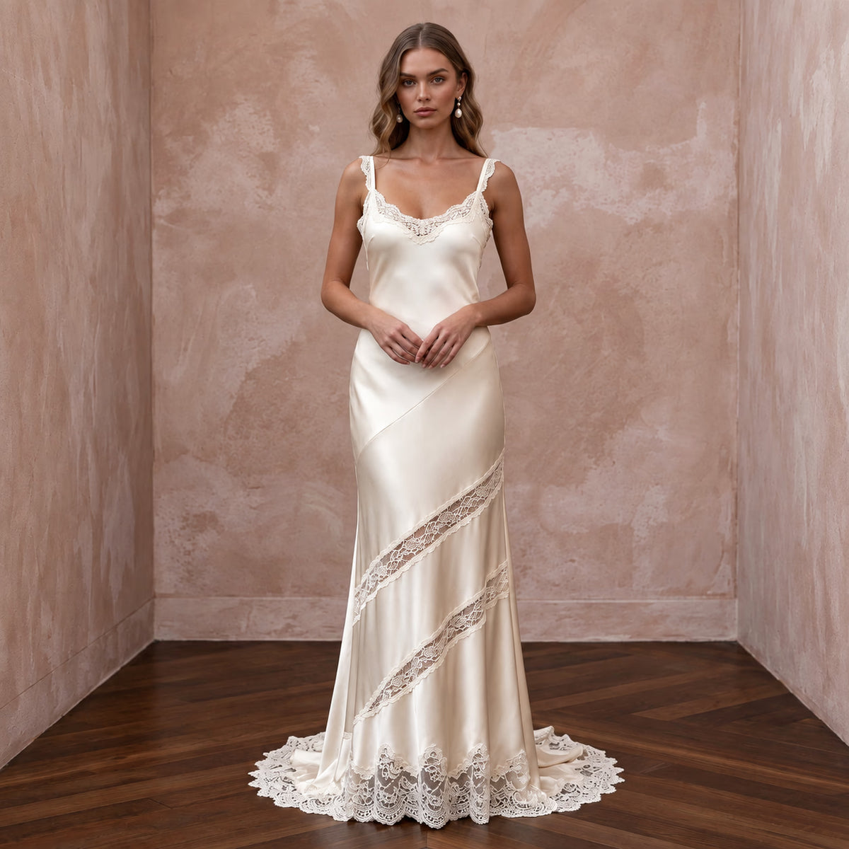Vintage Cream Silk Satin Bias Cut Slip Dress with Lace Trim - Apparel & Accessories > Clothing > Wedding & Bridal Party Dresses > Wedding Dresses - Mignonette Bridal Main image