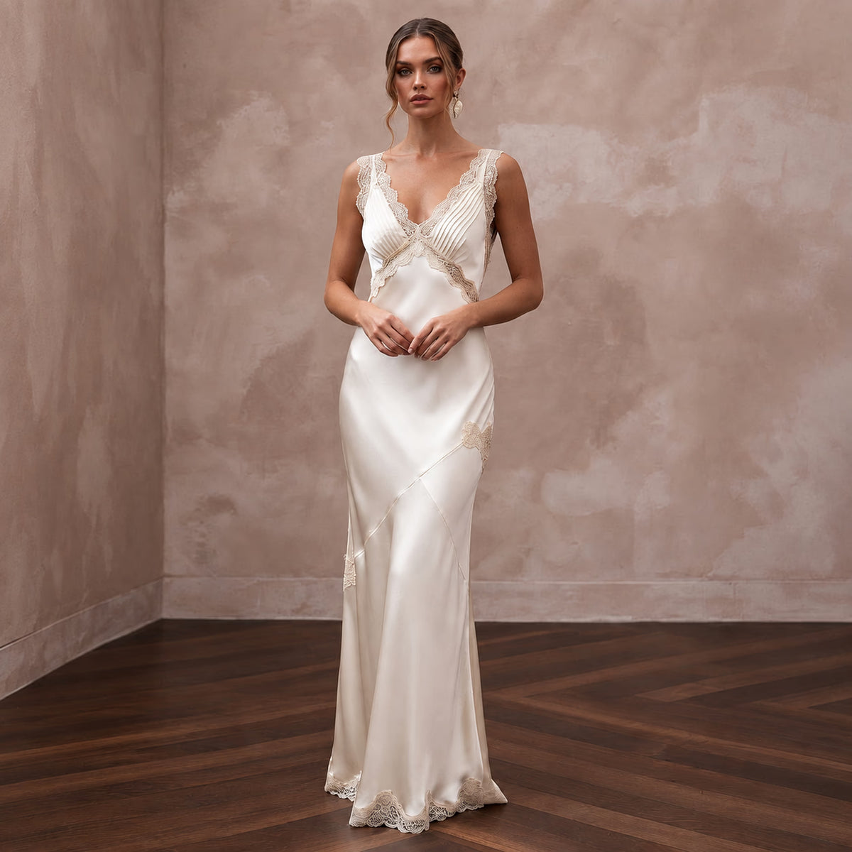 Vintage Cream Silk Satin Bias Cut Slip Dress with Lace Trim
