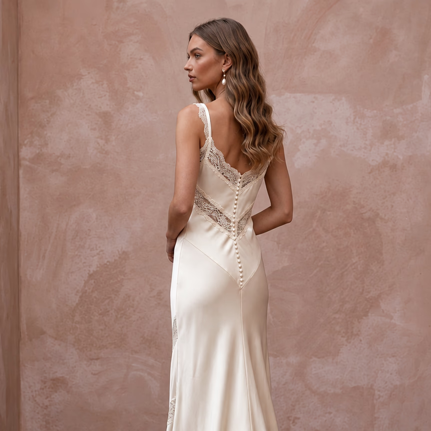 Vintage Cream Silk Satin Bias Cut Slip Dress with Lace Trim