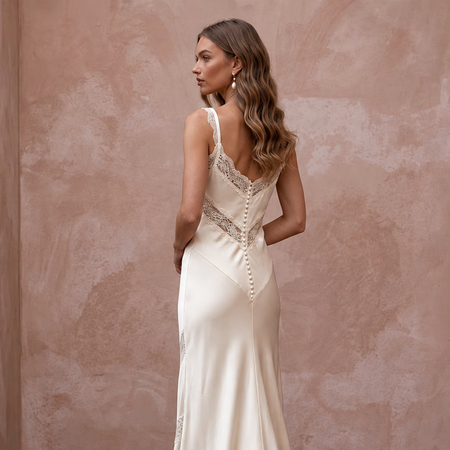 Vintage Cream Silk Satin Bias Cut Slip Dress with Lace Trim