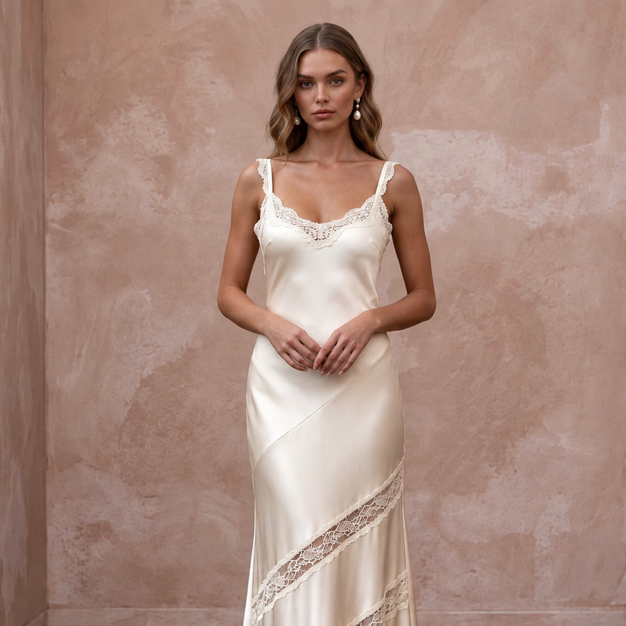 Vintage Cream Silk Satin Bias Cut Slip Dress with Lace Trim