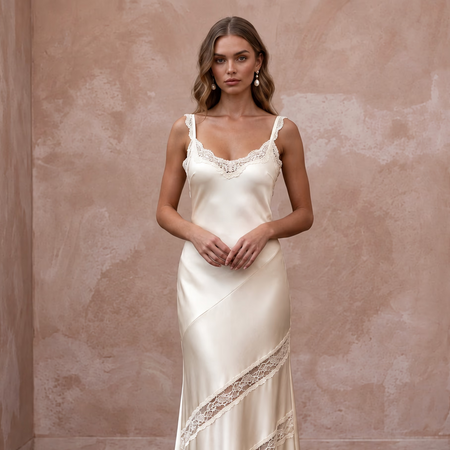 Vintage Cream Silk Satin Bias Cut Slip Dress with Lace Trim