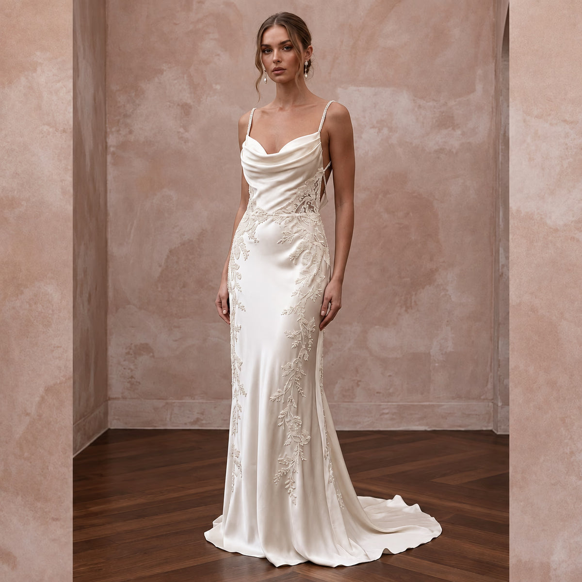 Vintage Cream Silk Satin Cowl Neck Backless Bridal Slip Dress