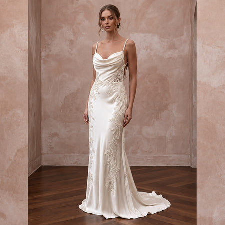 Vintage Cream Silk Satin Cowl Neck Backless Bridal Slip Dress