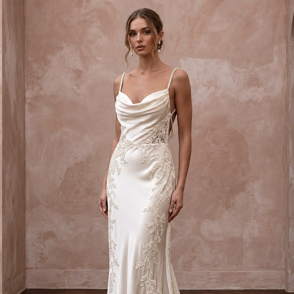 Vintage Cream Silk Satin Cowl Neck Backless Bridal Slip Dress