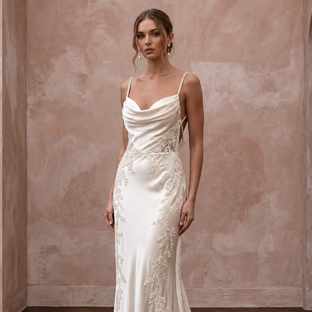 Vintage Cream Silk Satin Cowl Neck Backless Bridal Slip Dress