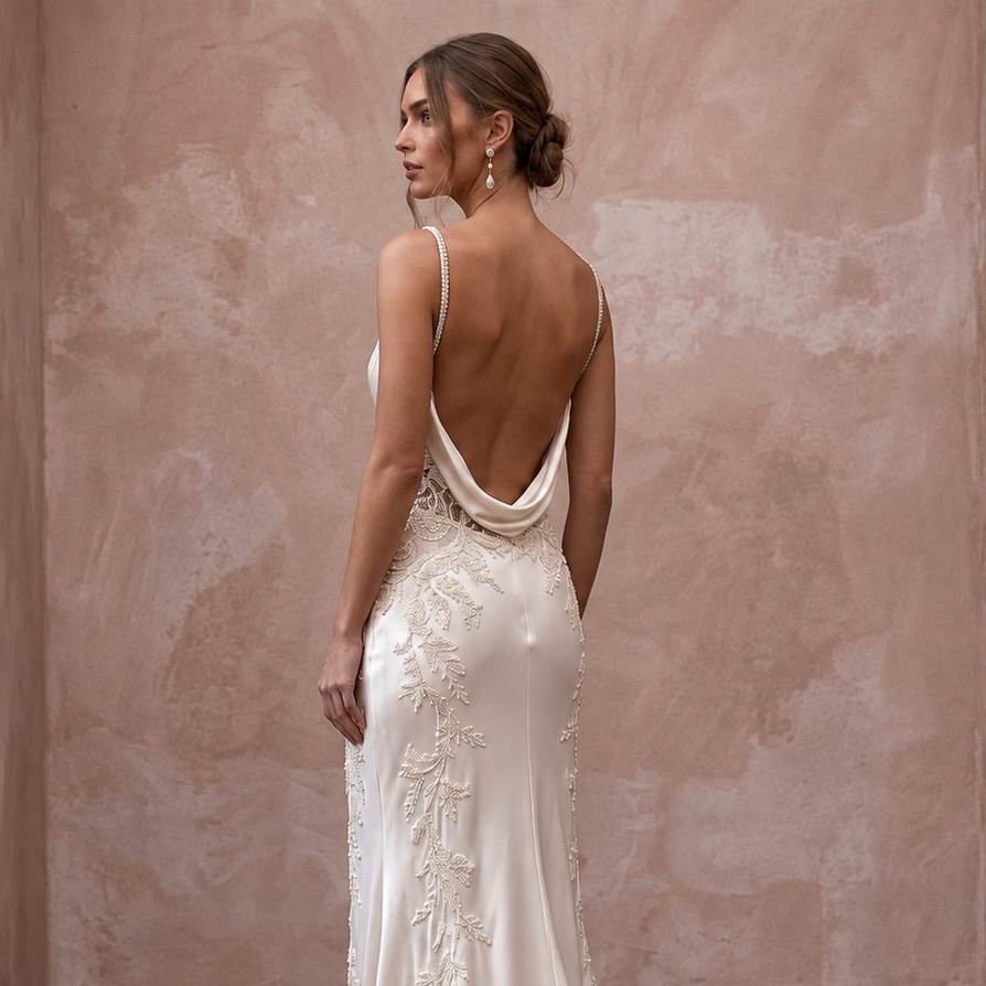 Vintage Cream Silk Satin Cowl Neck Backless Bridal Slip Dress