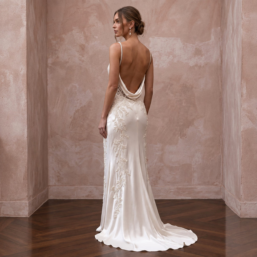 Vintage Cream Silk Satin Cowl Neck Backless Bridal Slip Dress
